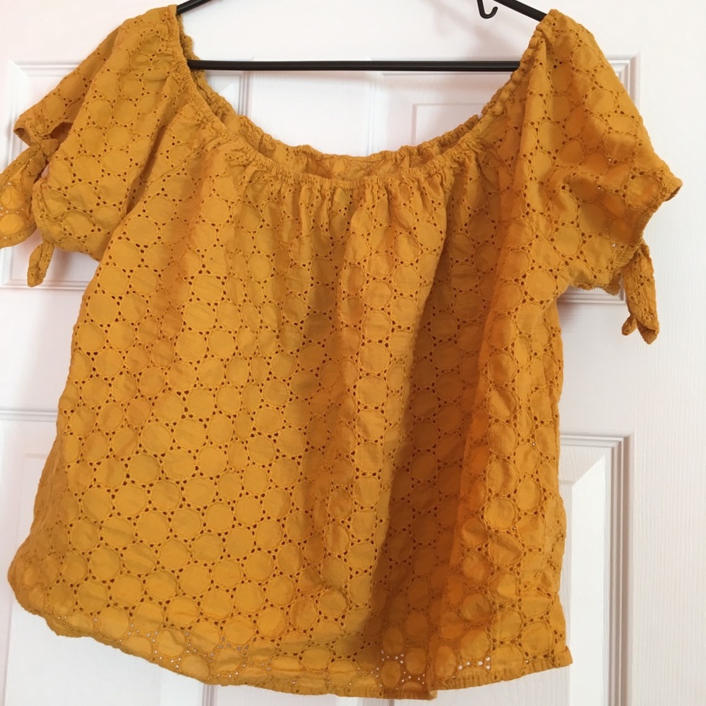 Yellow off the shoulder flouncy crop top